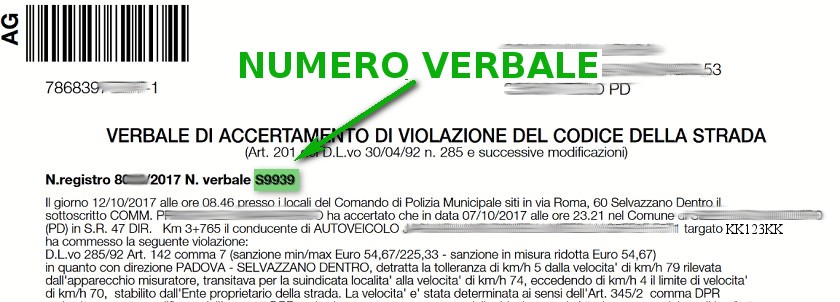 Immagine che descrive come recuperare il numero verbale